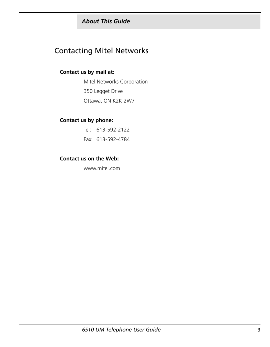 NetComm 6510 manual Contacting Mitel Networks 