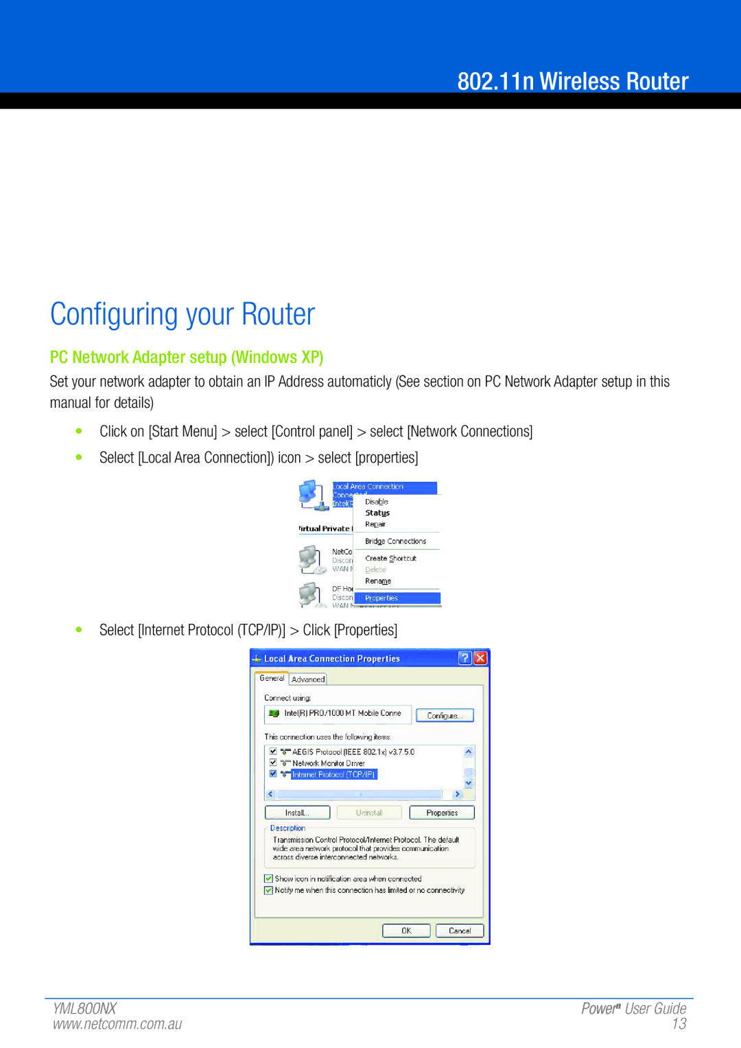 NetComm 802.11 manual Configuring your Router, PC Network Adapter setup Windows XP 