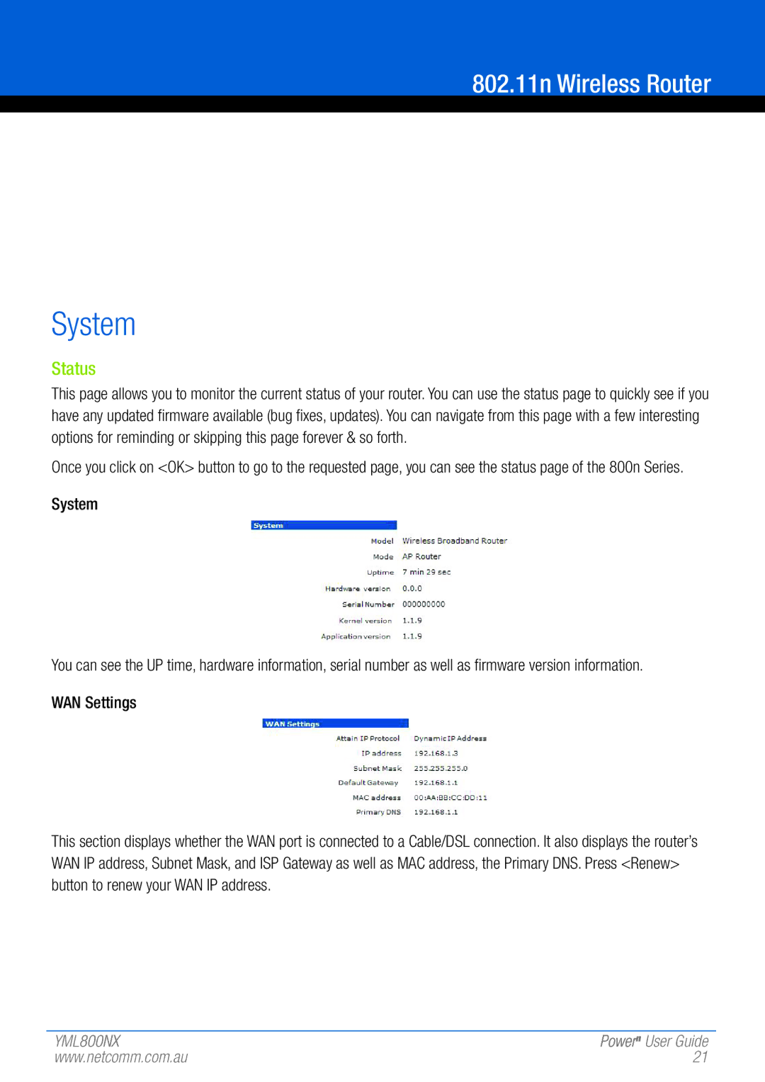 NetComm 802.11 manual System, Status 