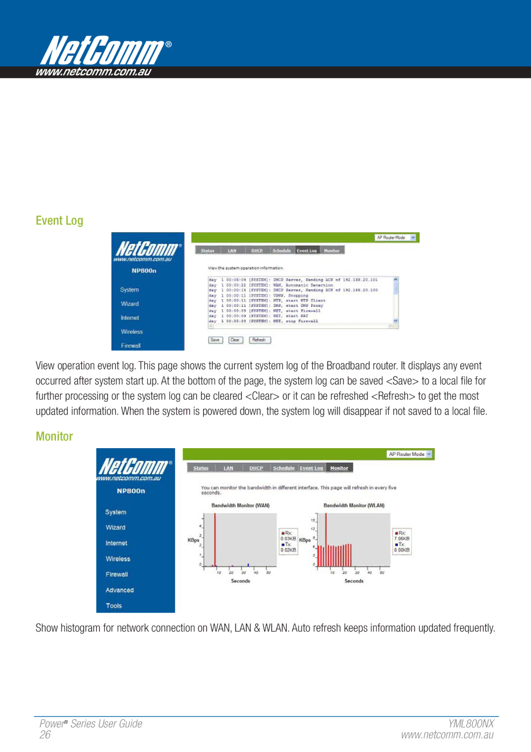 NetComm 802.11 manual Event Log, Monitor 