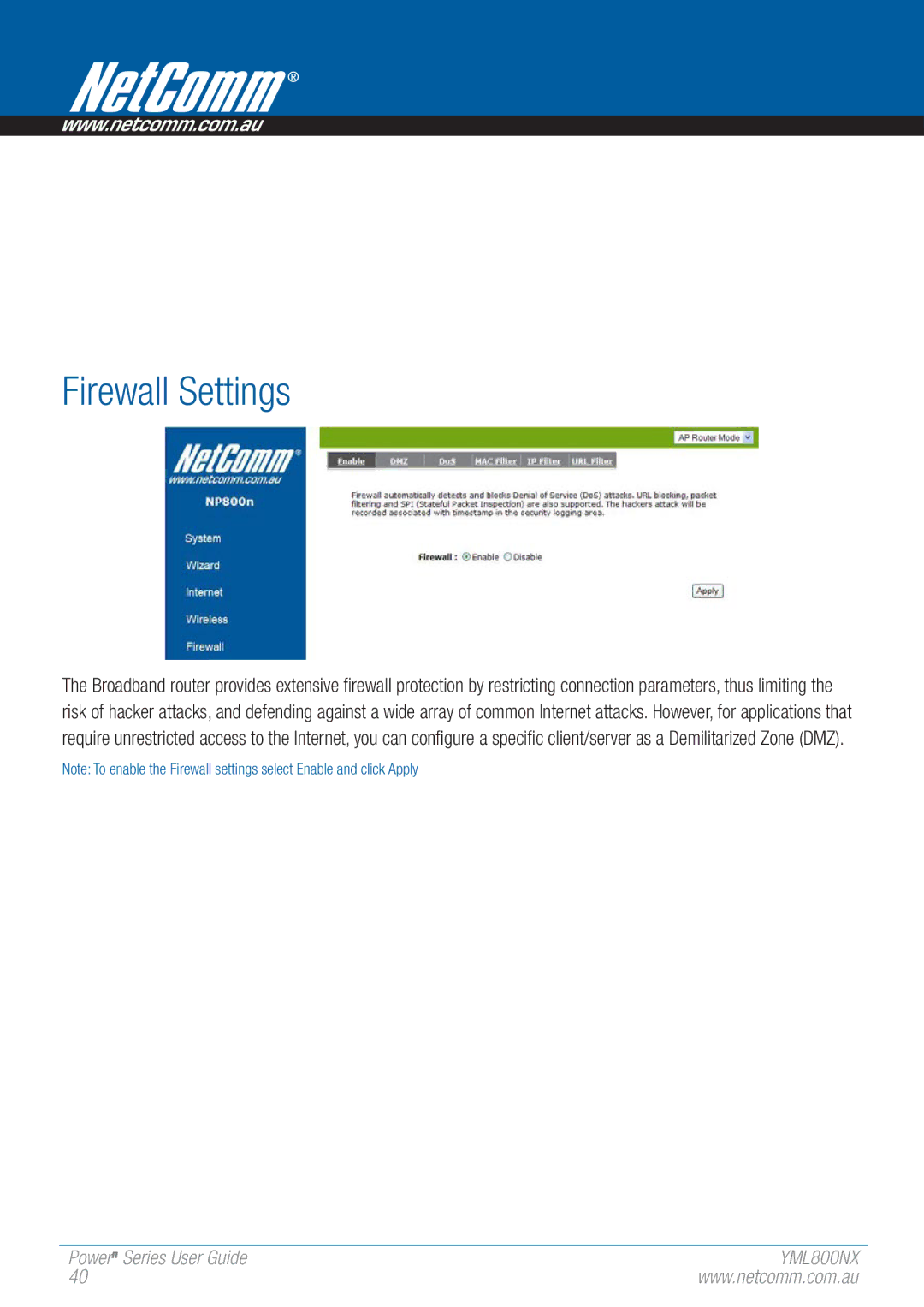 NetComm 802.11 manual Firewall Settings 