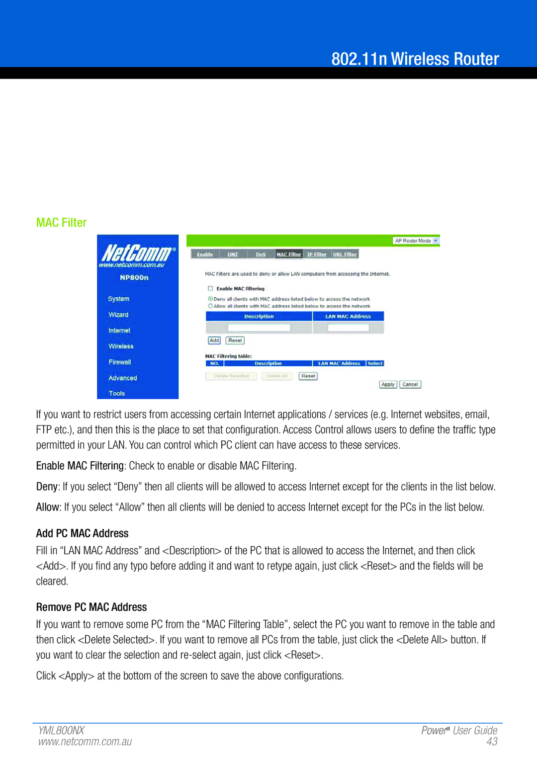 NetComm 802.11 manual MAC Filter 