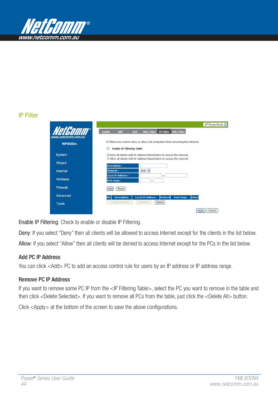 NetComm 802.11 Enable IP Filtering Check to enable or disable IP Filtering, Add PC IP Address, Remove PC IP Address 