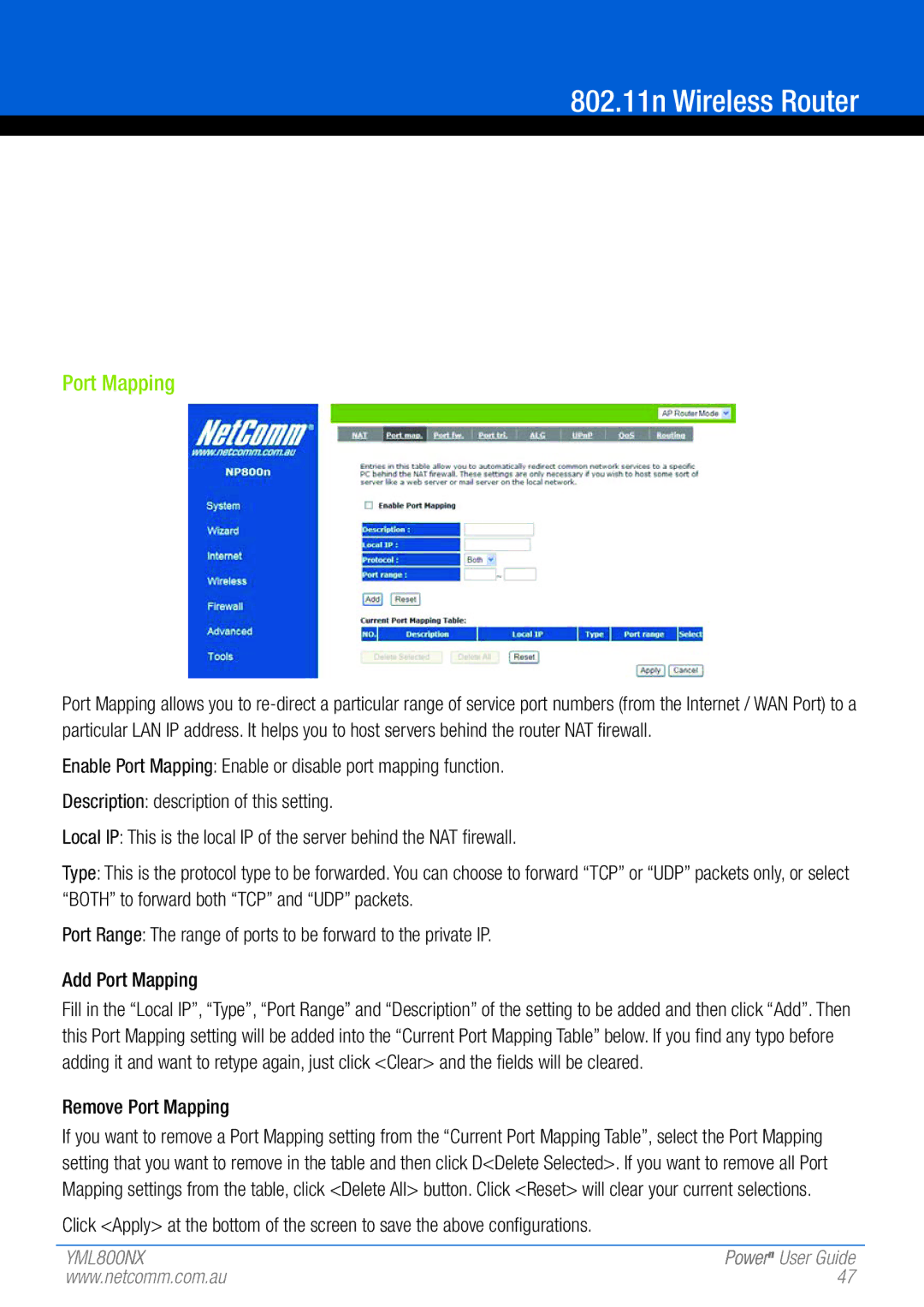 NetComm 802.11 manual Remove Port Mapping 