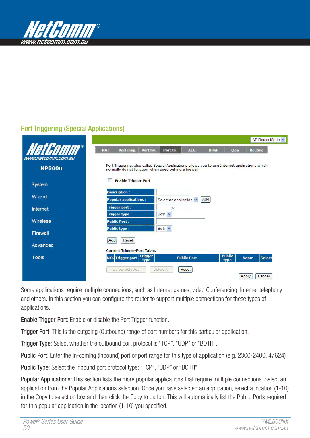 NetComm 802.11 manual Port Triggering Special Applications 