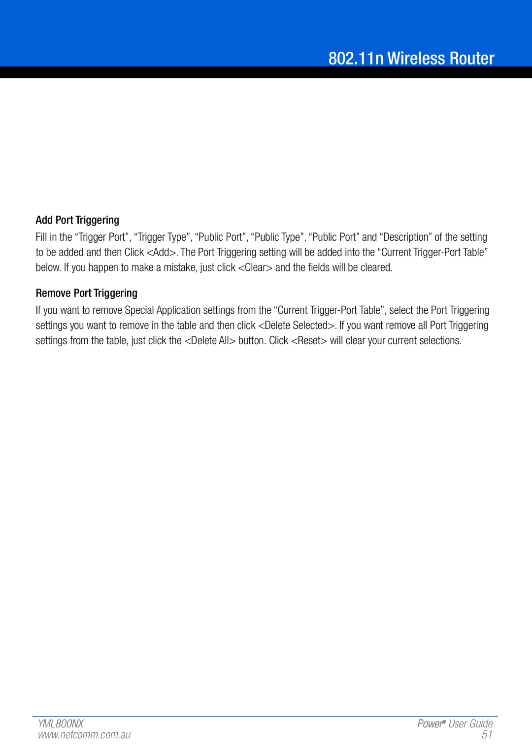 NetComm 802.11 manual Add Port Triggering, Remove Port Triggering 