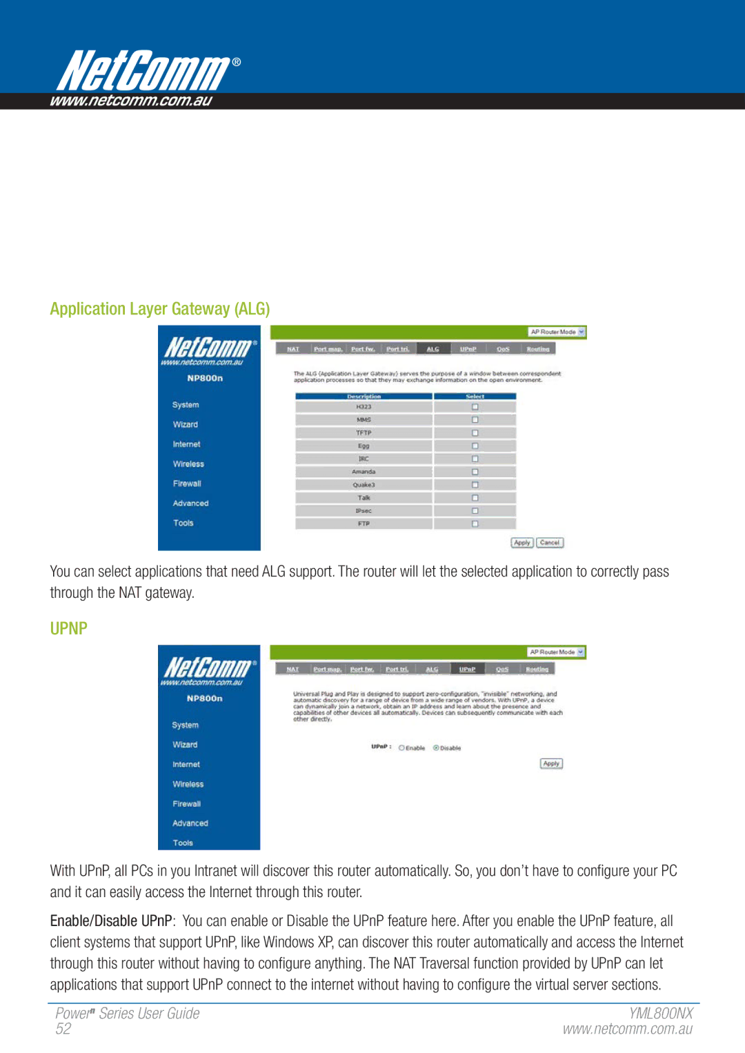 NetComm 802.11 manual Application Layer Gateway ALG, Upnp 