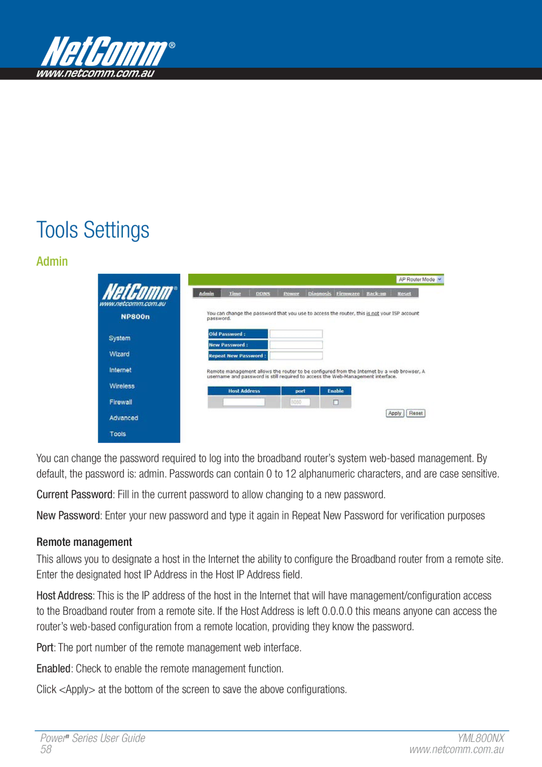 NetComm 802.11 manual Tools Settings, Admin, Remote management 