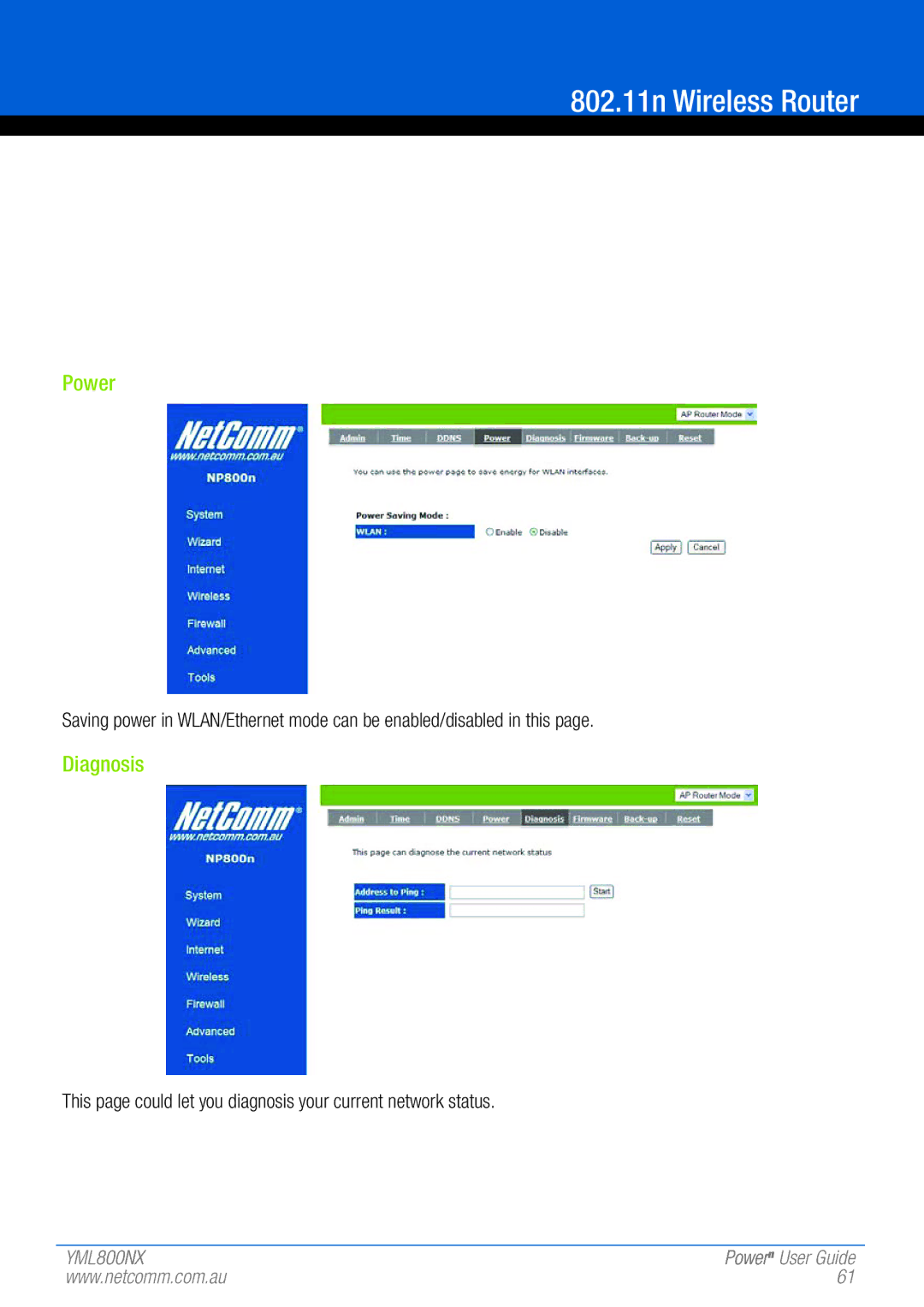 NetComm 802.11 manual Power, Diagnosis 