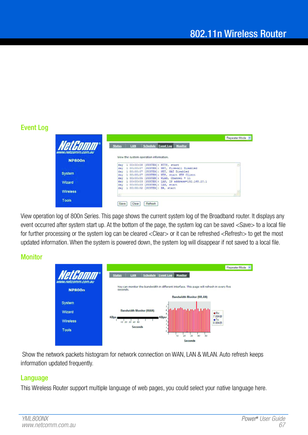 NetComm 802.11 manual Event Log, Language 