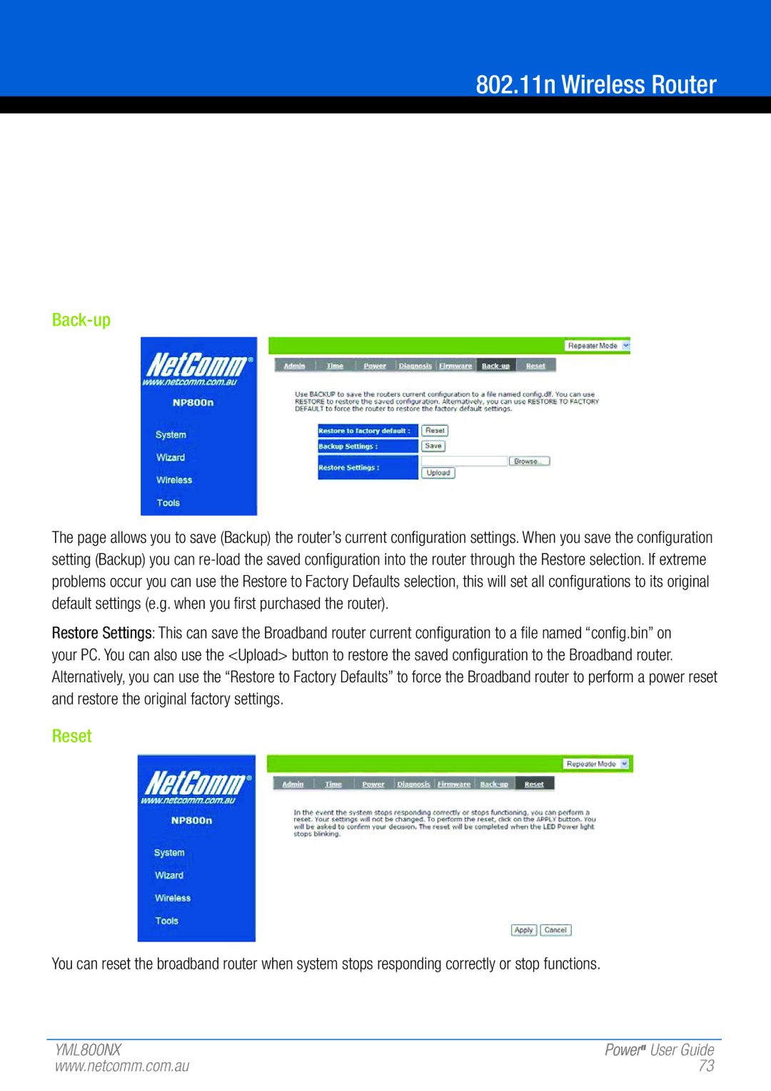 NetComm 802.11 manual Back-up 