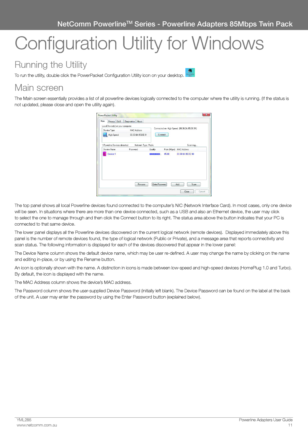 NetComm 85Mbps manual Configuration Utility for Windows, Running the Utility, Main screen 