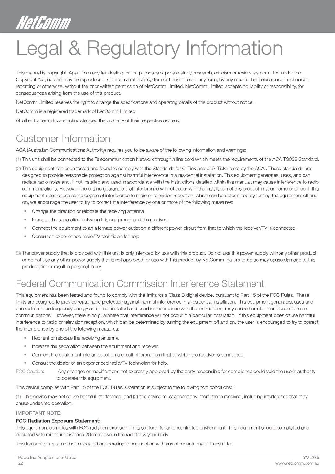 NetComm 85Mbps manual Legal & Regulatory Information, Customer Information 