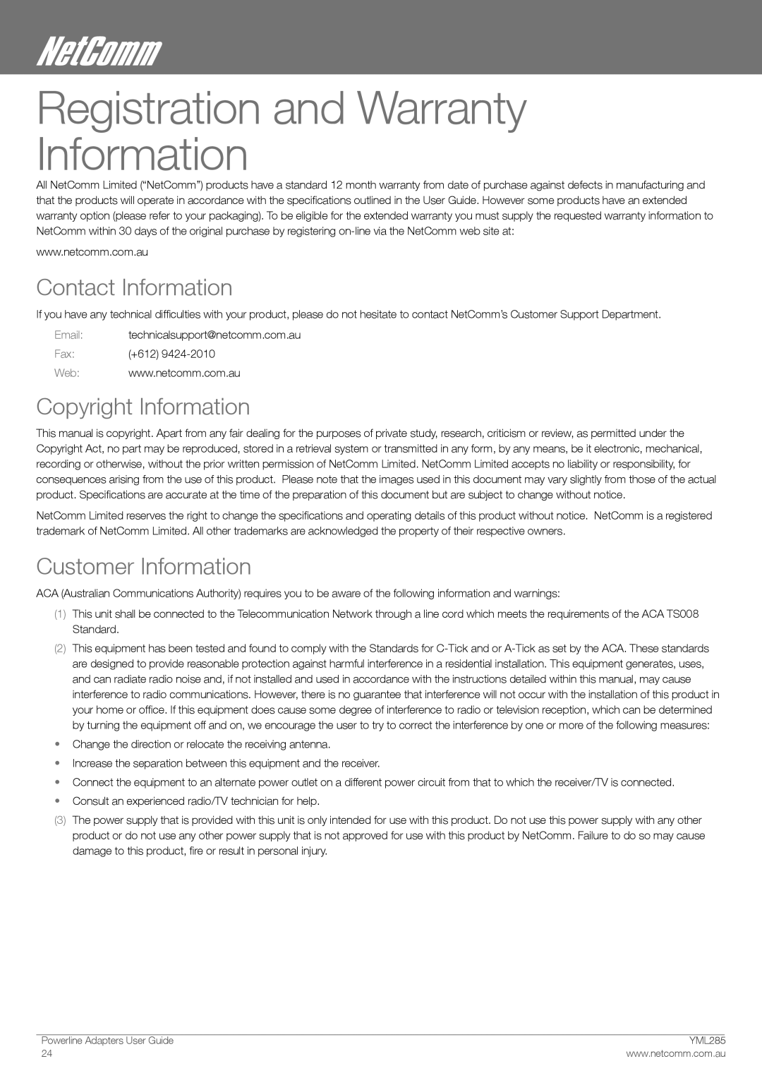 NetComm 85Mbps manual Registration and Warranty Information, Contact Information, Copyright Information 