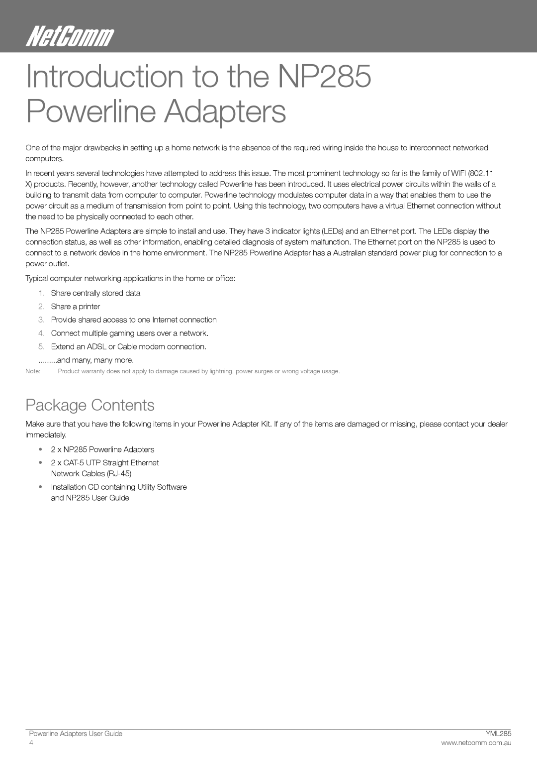 NetComm 85Mbps manual Introduction to the NP285 Powerline Adapters, Package Contents 