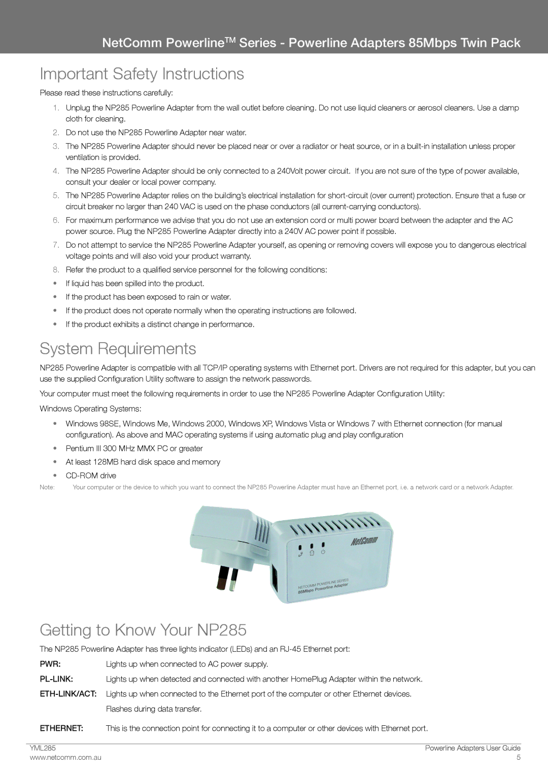 NetComm 85Mbps manual Important Safety Instructions, System Requirements, Getting to Know your NP285 