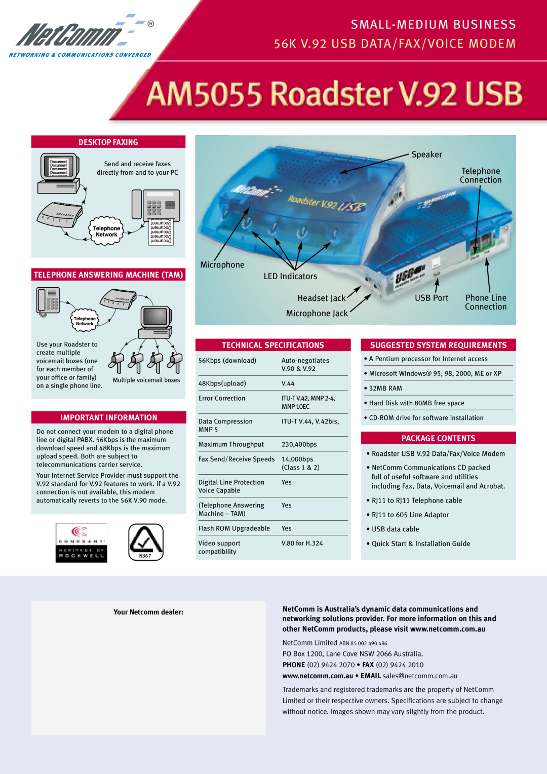 NetComm AM5055 warranty Desktop Faxing, Telephone Answering Machine TAM, Important Information, Technical Specifications 