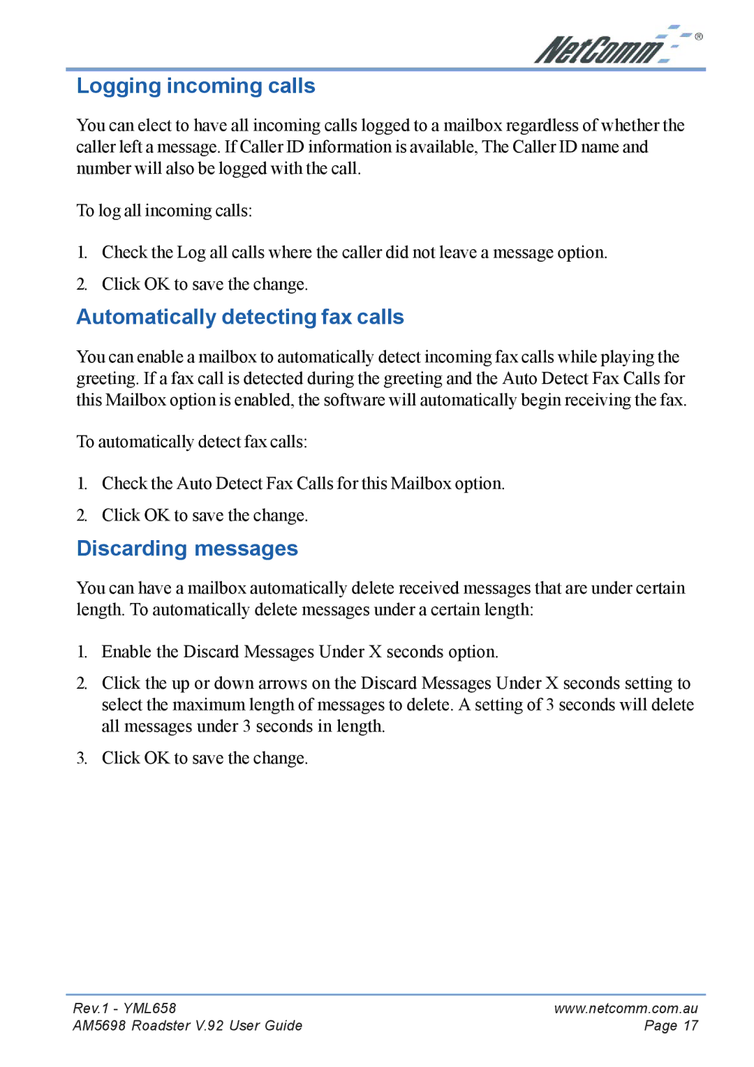 NetComm AM5698 manual Logging incoming calls, Automatically detecting fax calls, Discarding messages 