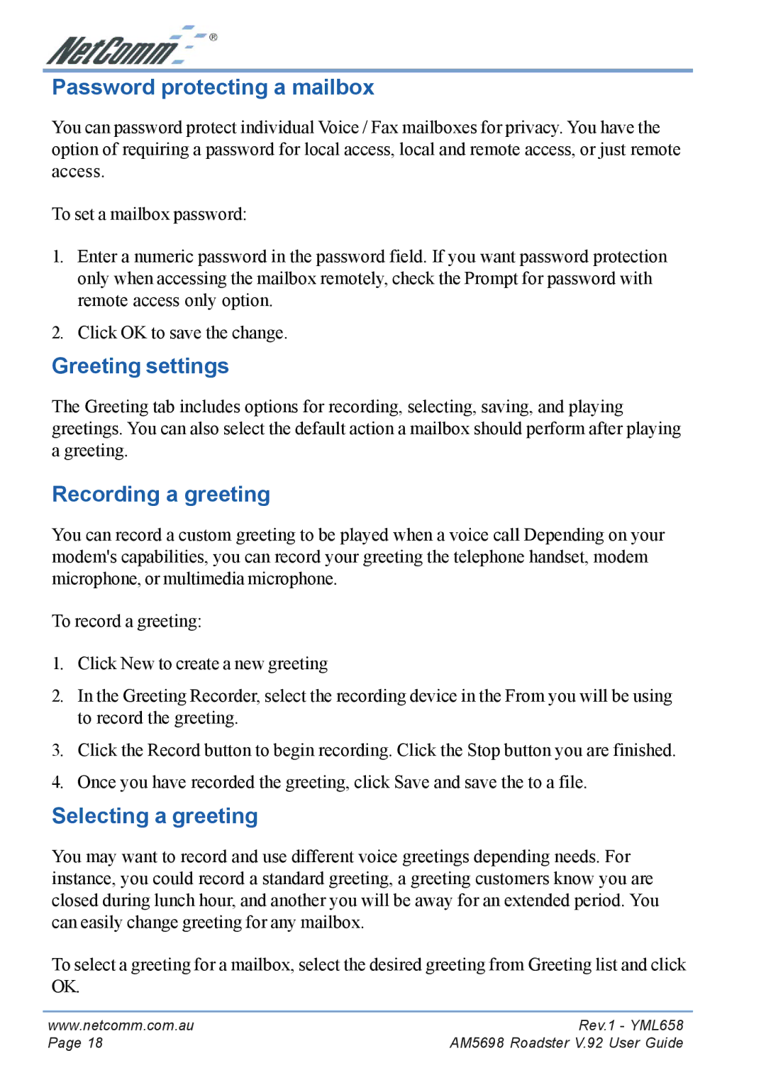 NetComm AM5698 manual Password protecting a mailbox, Greeting settings, Recording a greeting, Selecting a greeting 