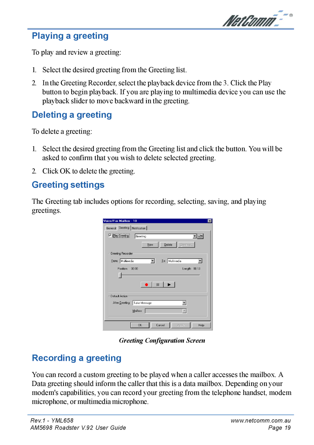 NetComm AM5698 manual Playing a greeting, Deleting a greeting 