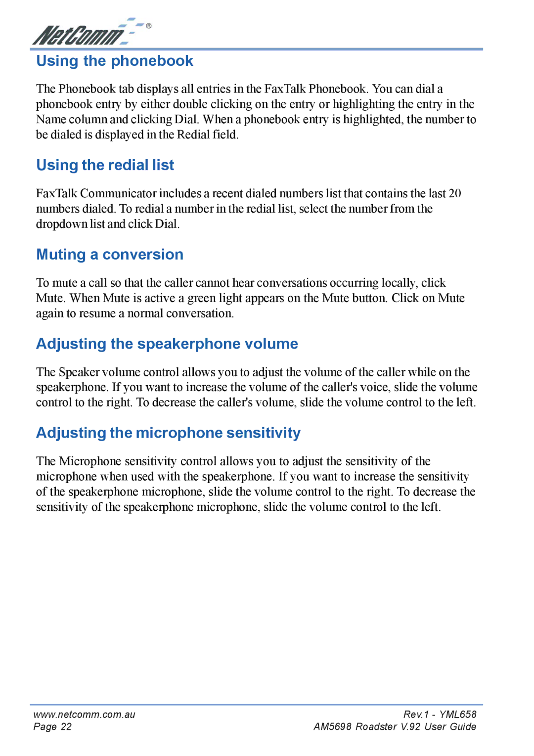 NetComm AM5698 manual Using the phonebook, Using the redial list, Muting a conversion, Adjusting the speakerphone volume 