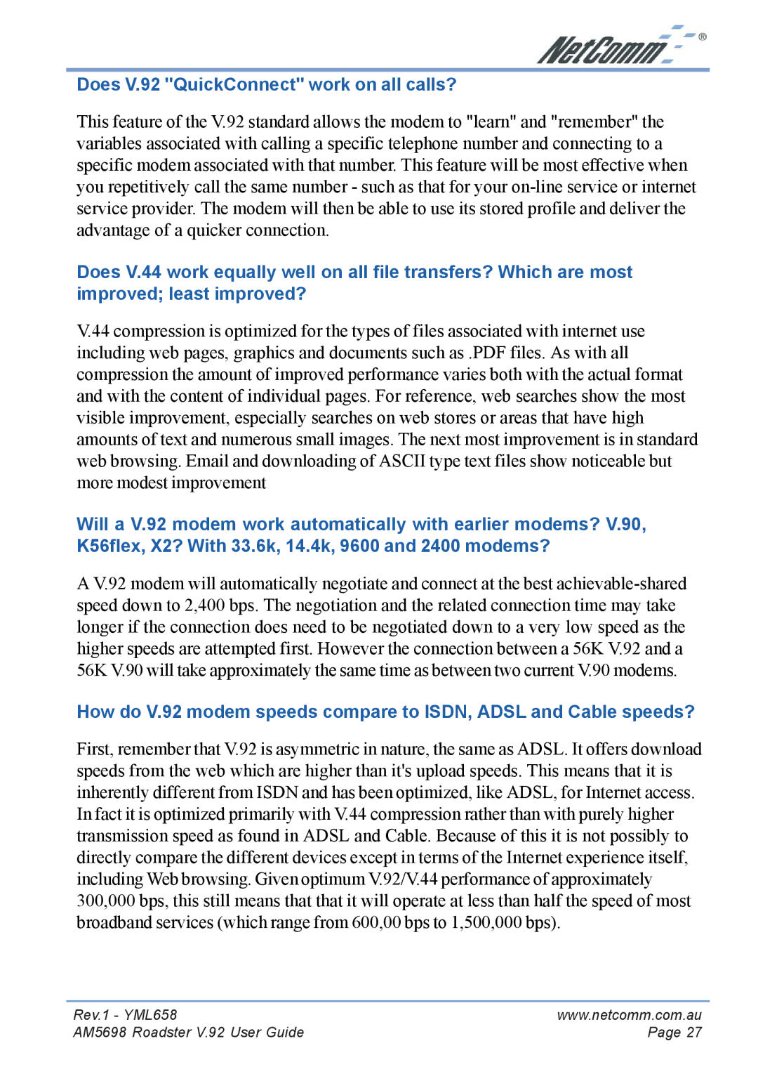 NetComm AM5698 manual Does V.92 QuickConnect work on all calls? 