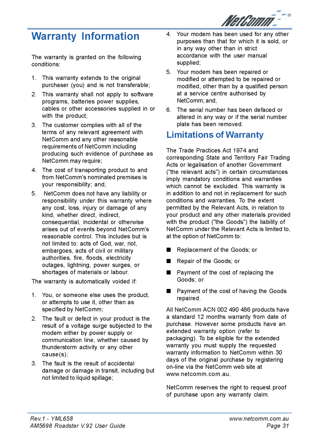 NetComm AM5698 manual Warranty Information, Limitations of Warranty 