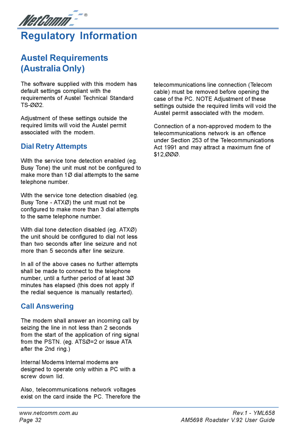 NetComm AM5698 manual Regulatory Information, Austel Requirements Australia Only 