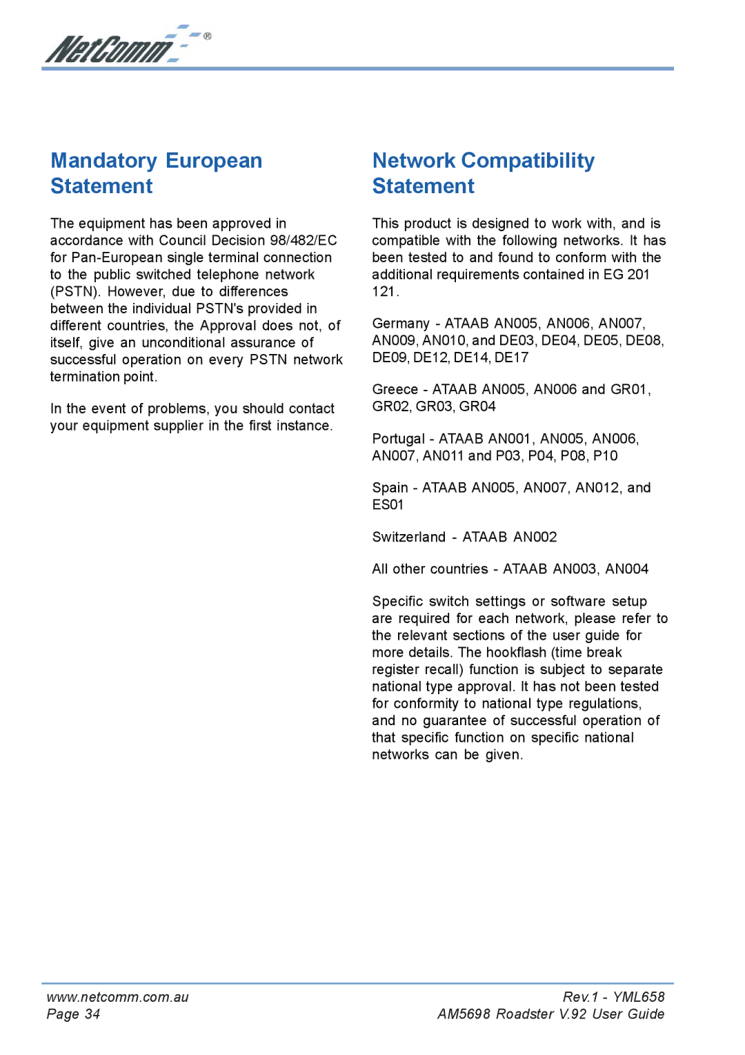 NetComm AM5698 manual Mandatory European Statement, Network Compatibility Statement 