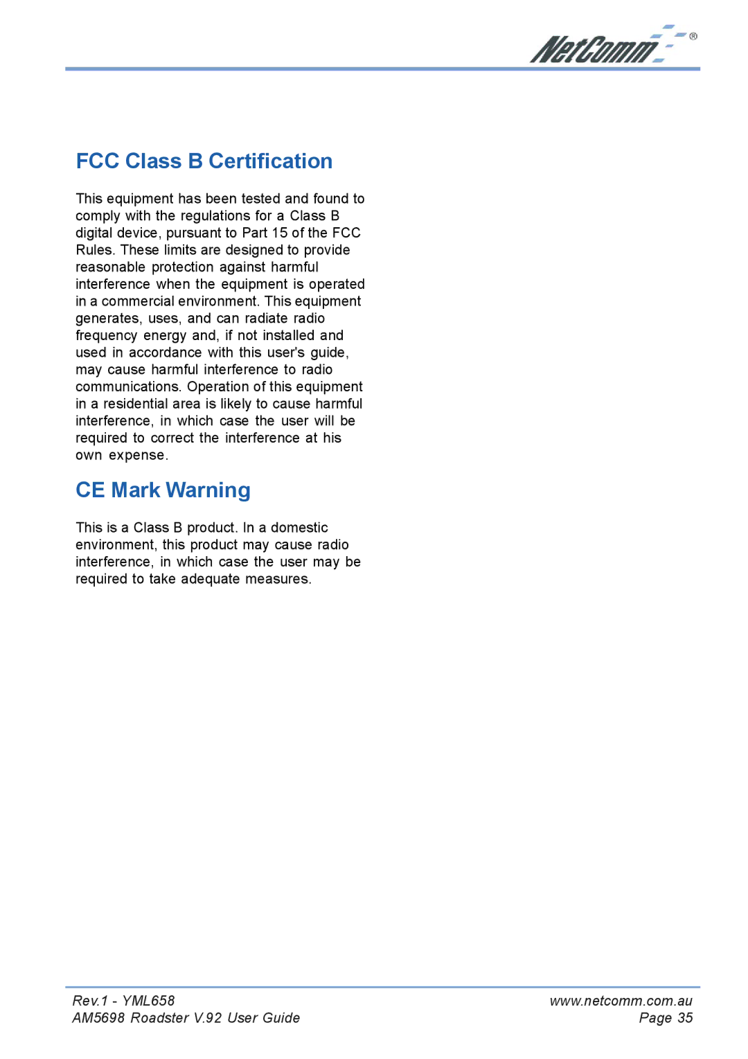 NetComm AM5698 manual FCC Class B Certification, CE Mark Warning 