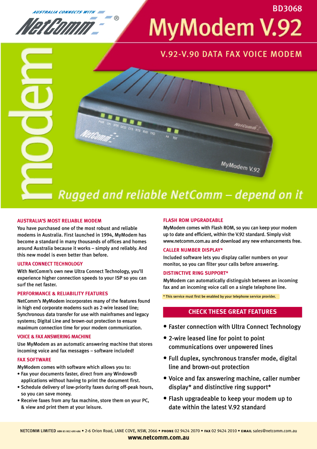 NetComm BD3068 manual AUSTRALIA’S Most Reliable Modem, Ultra Connect Technology, Performance & Reliability Features 