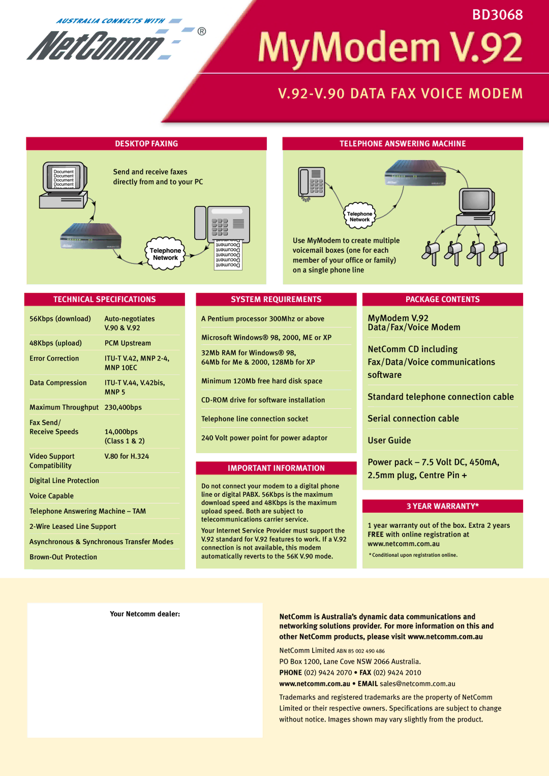 NetComm BD3068 Desktop Faxing, Telephone Answering Machine, Technical Specifications, System Requirements, Year Warranty 
