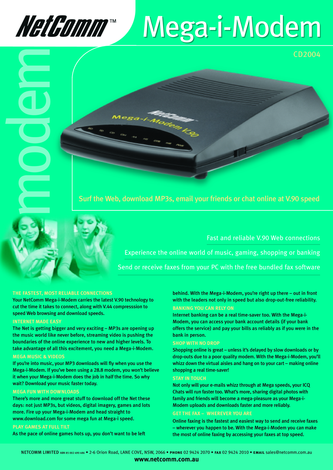 NetComm CD 2004 manual modem, Mega-i-Modem, CD2004, The Fastest, Most Reliable Connections, Internet Made Easy 