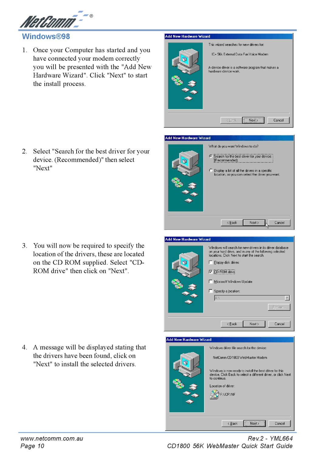 NetComm CD1800 manual Windows98 