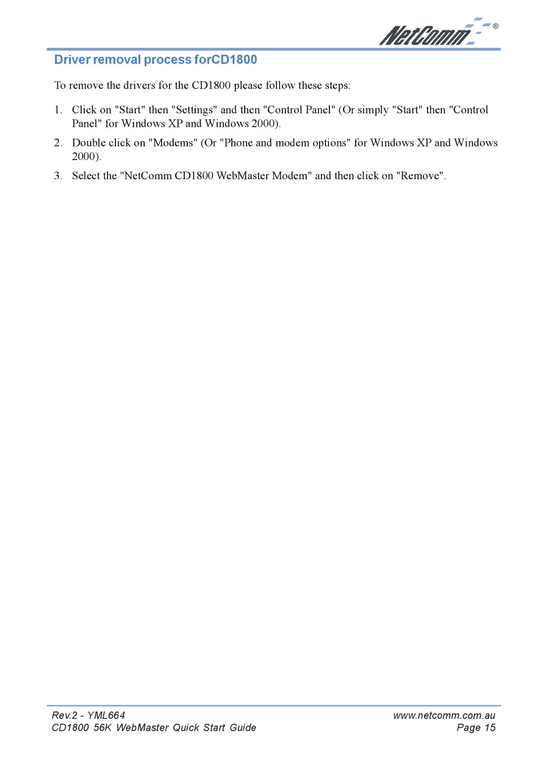 NetComm manual Driver removal process forCD1800 