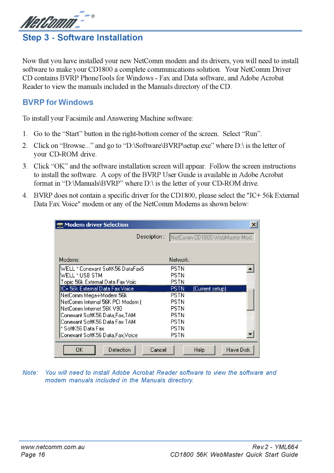 NetComm CD1800 manual Software Installation, Bvrp for Windows 