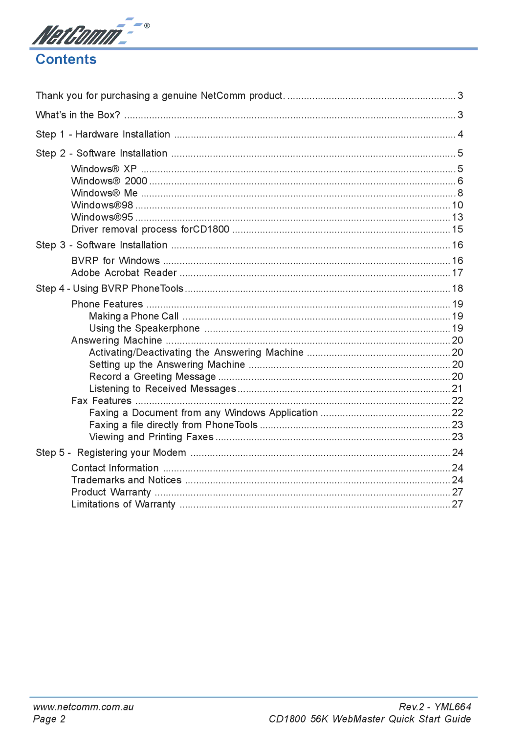 NetComm CD1800 manual Contents 