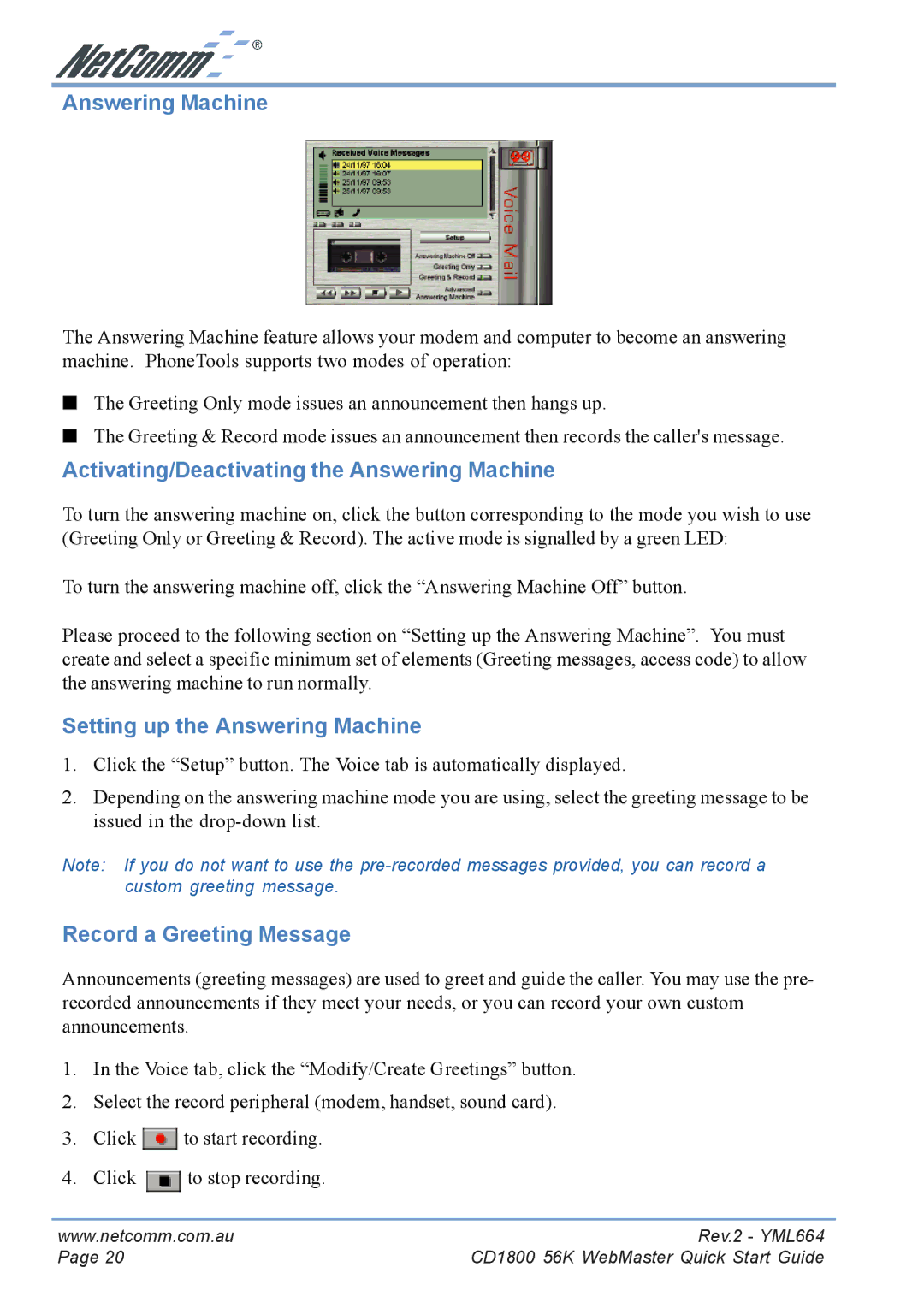 NetComm CD1800 manual Activating/Deactivating the Answering Machine, Setting up the Answering Machine 