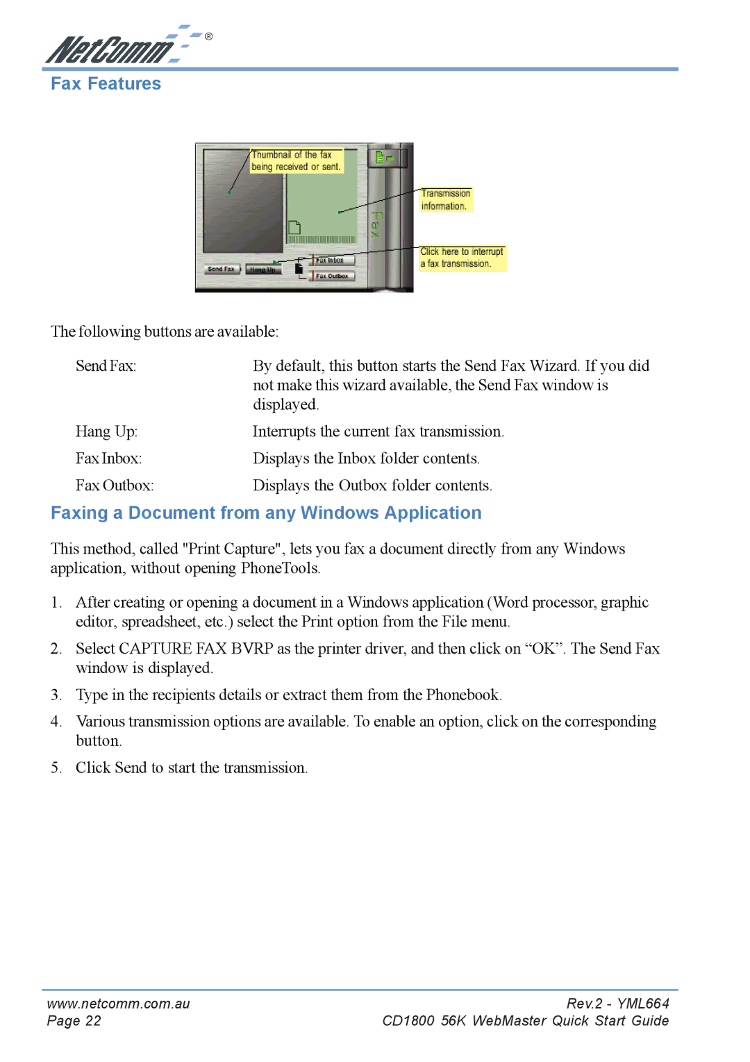 NetComm CD1800 manual Fax Features, Faxing a Document from any Windows Application 