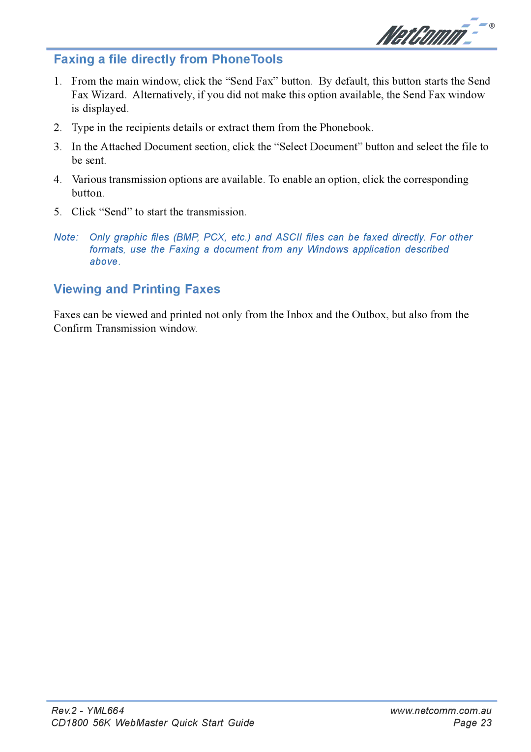 NetComm CD1800 manual Faxing a file directly from PhoneTools, Viewing and Printing Faxes 