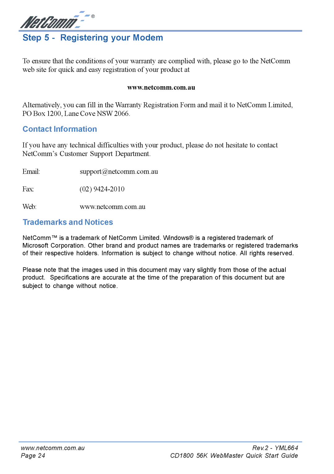 NetComm CD1800 manual Registering your Modem, Contact Information, Trademarks and Notices 