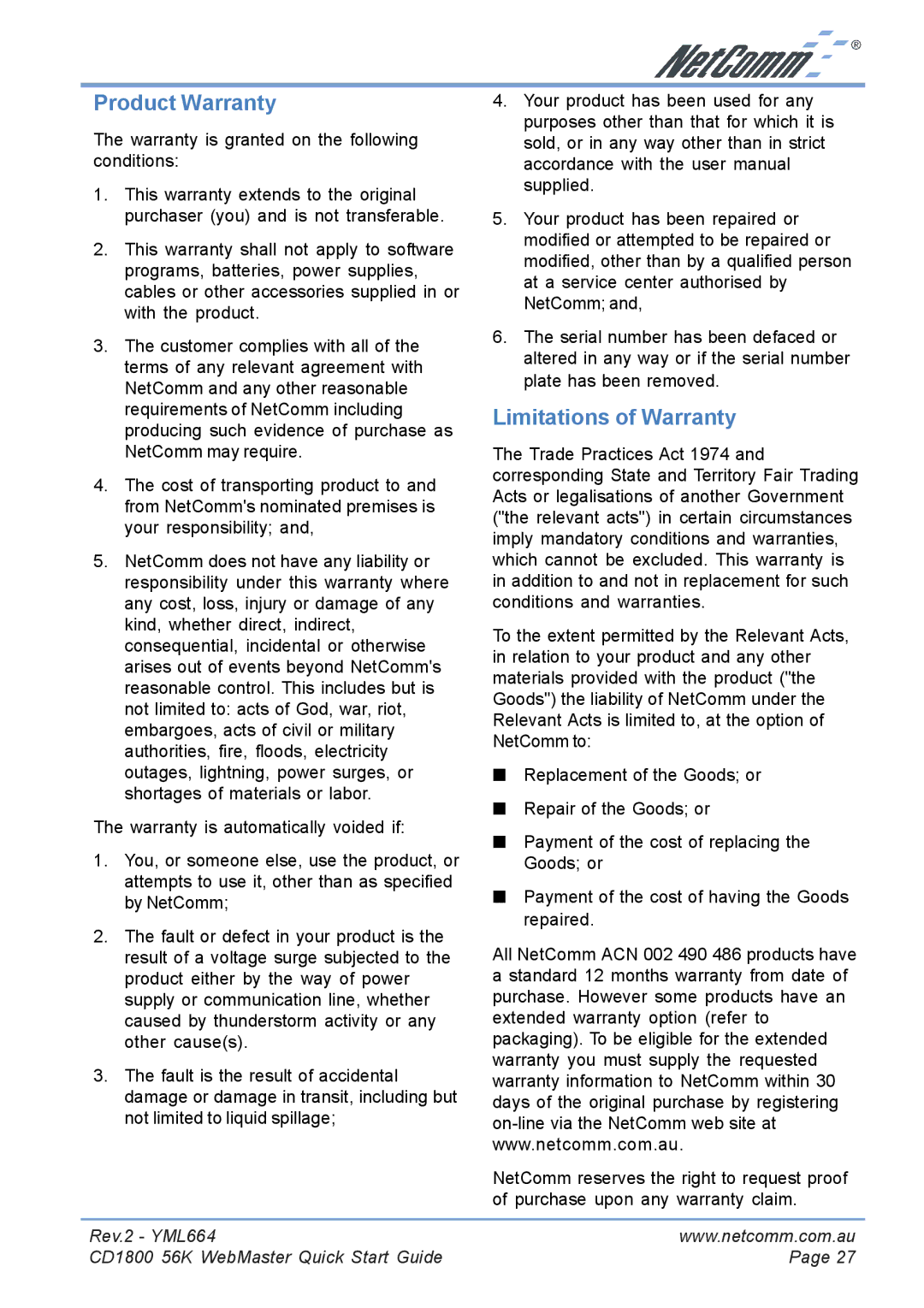 NetComm CD1800 manual Product Warranty, Limitations of Warranty 