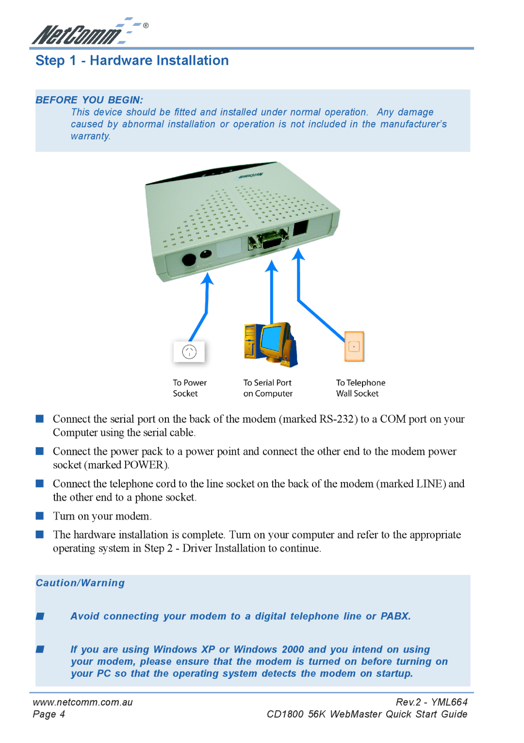 NetComm CD1800 manual Hardware Installation, Before YOU Begin 