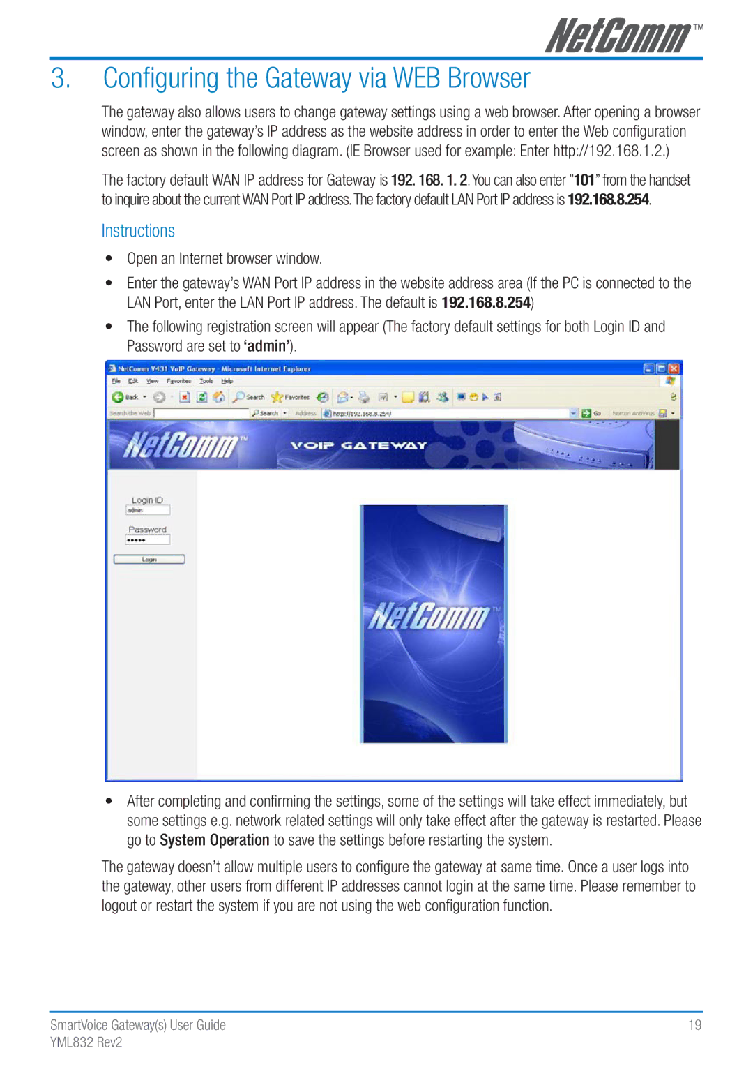 NetComm Gateway Series manual Configuring the Gateway via WEB Browser, Instructions 