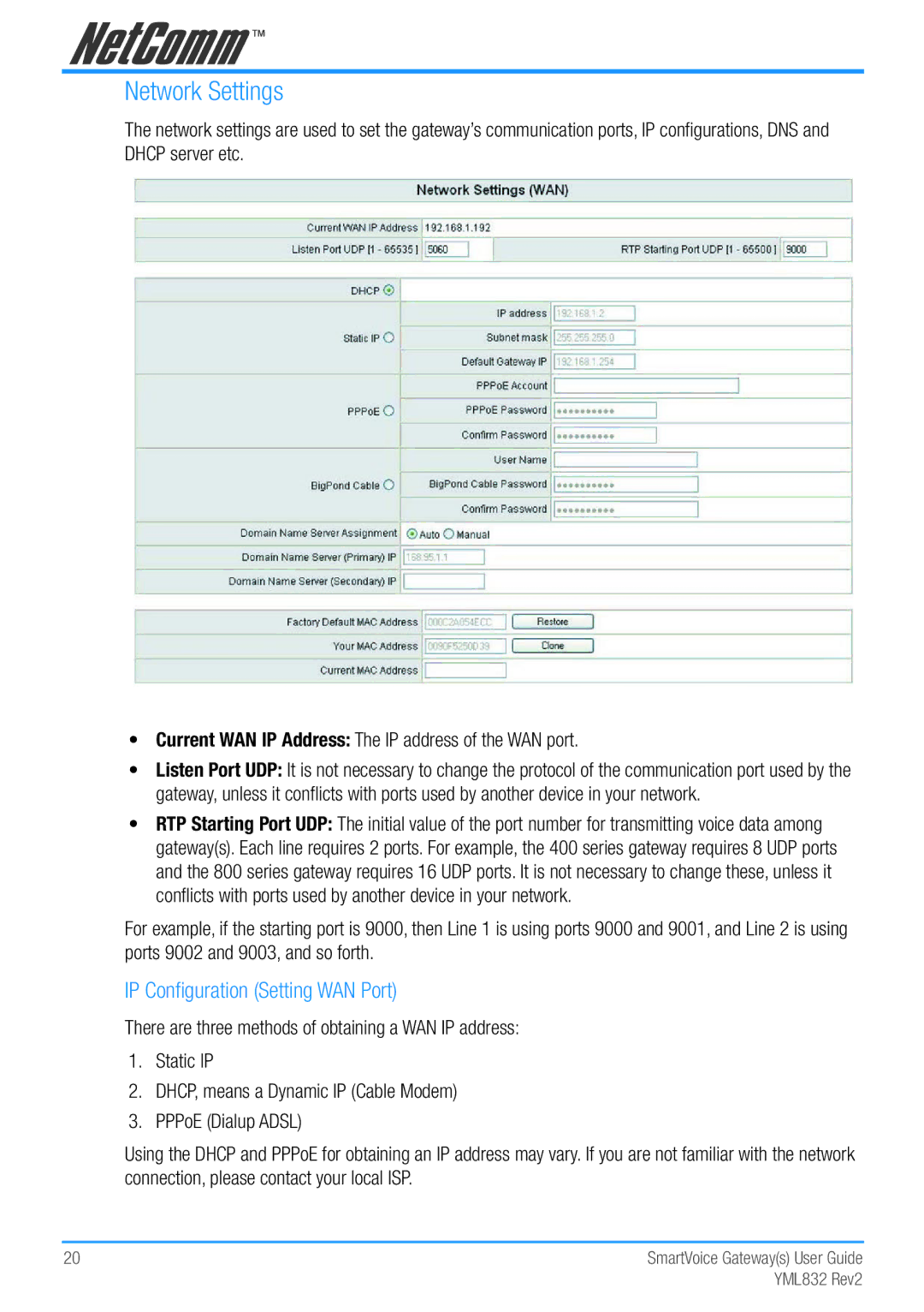 NetComm Gateway Series manual Network Settings, IP Configuration Setting WAN Port 