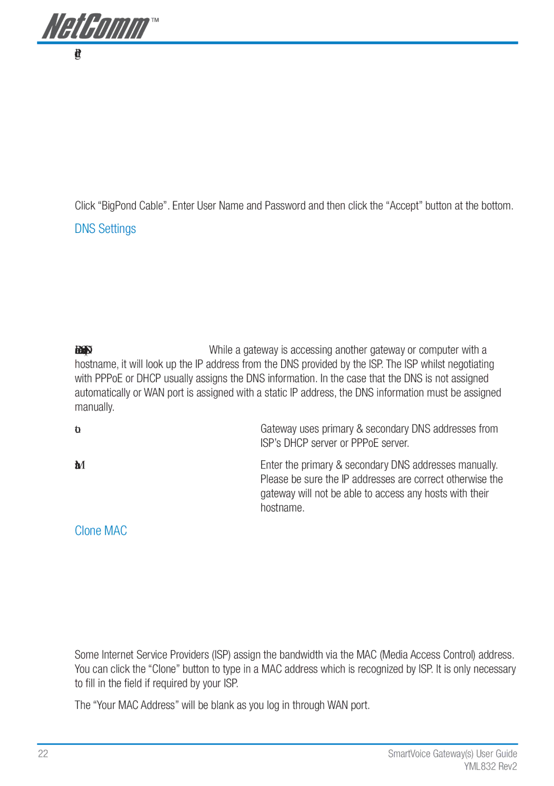 NetComm Gateway Series manual DNS Settings, Clone MAC 