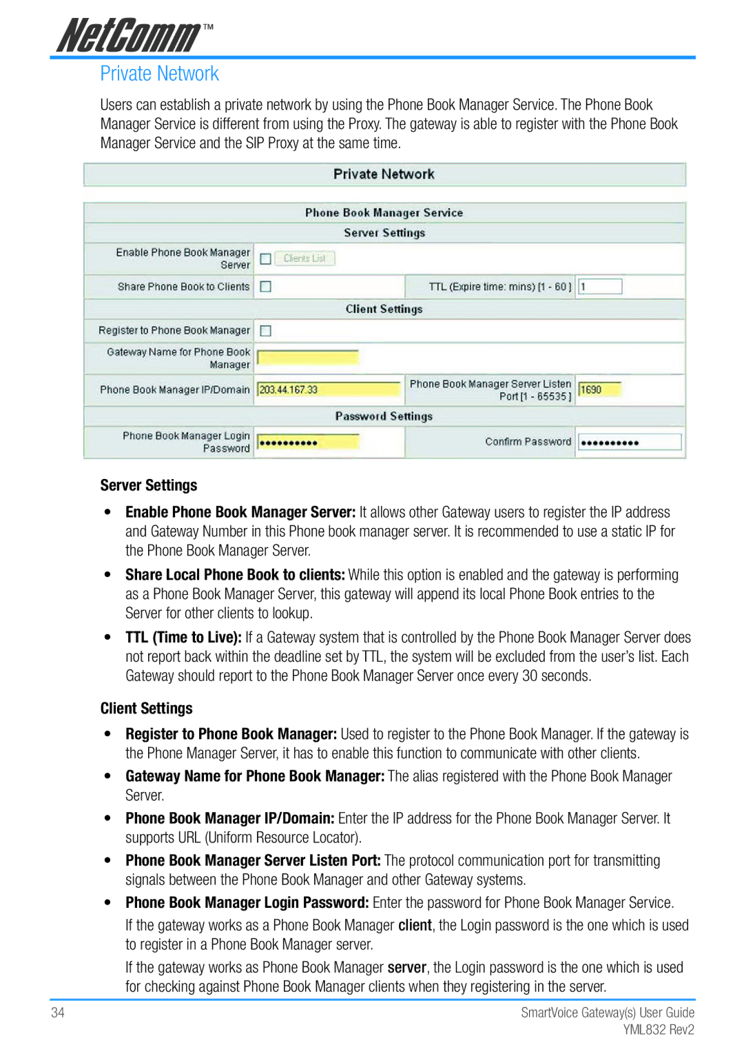 NetComm Gateway Series manual Private Network, Server Settings 