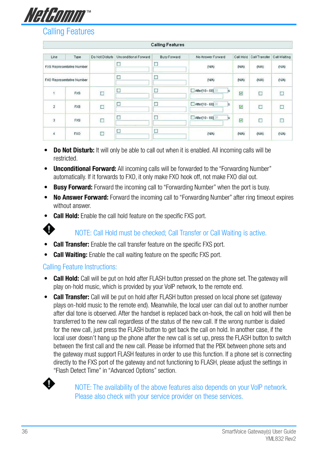 NetComm Gateway Series manual Calling Features, Calling Feature Instructions 