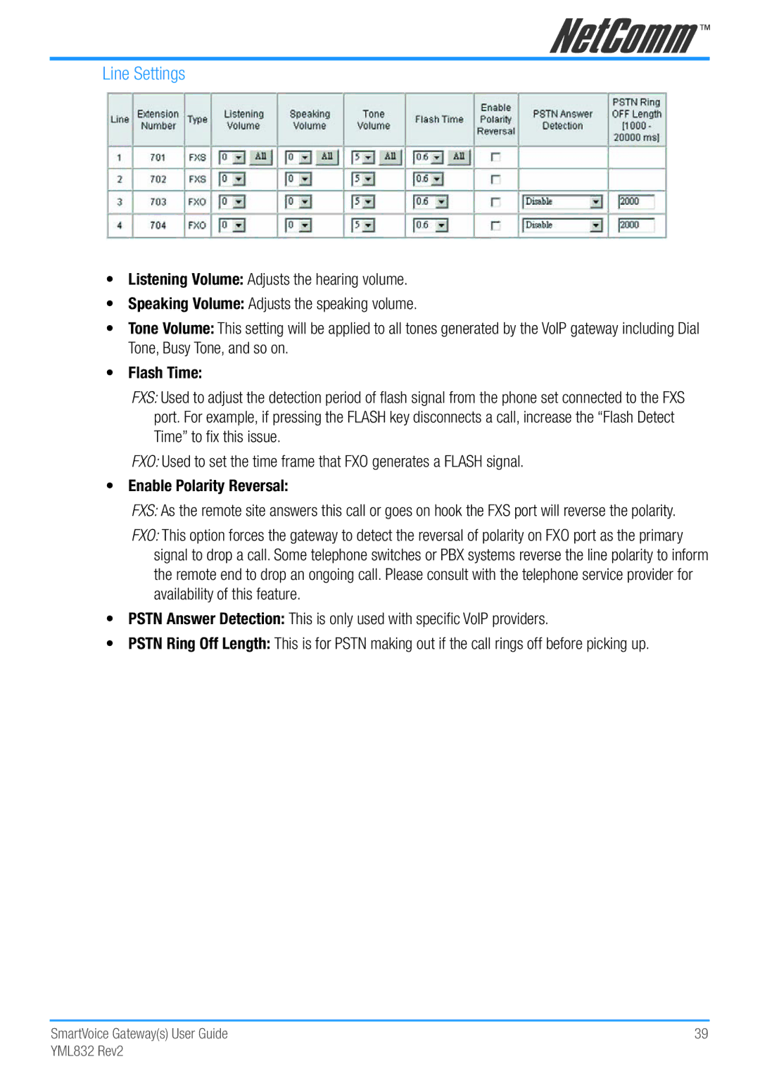 NetComm Gateway Series manual Line Settings, Flash Time 