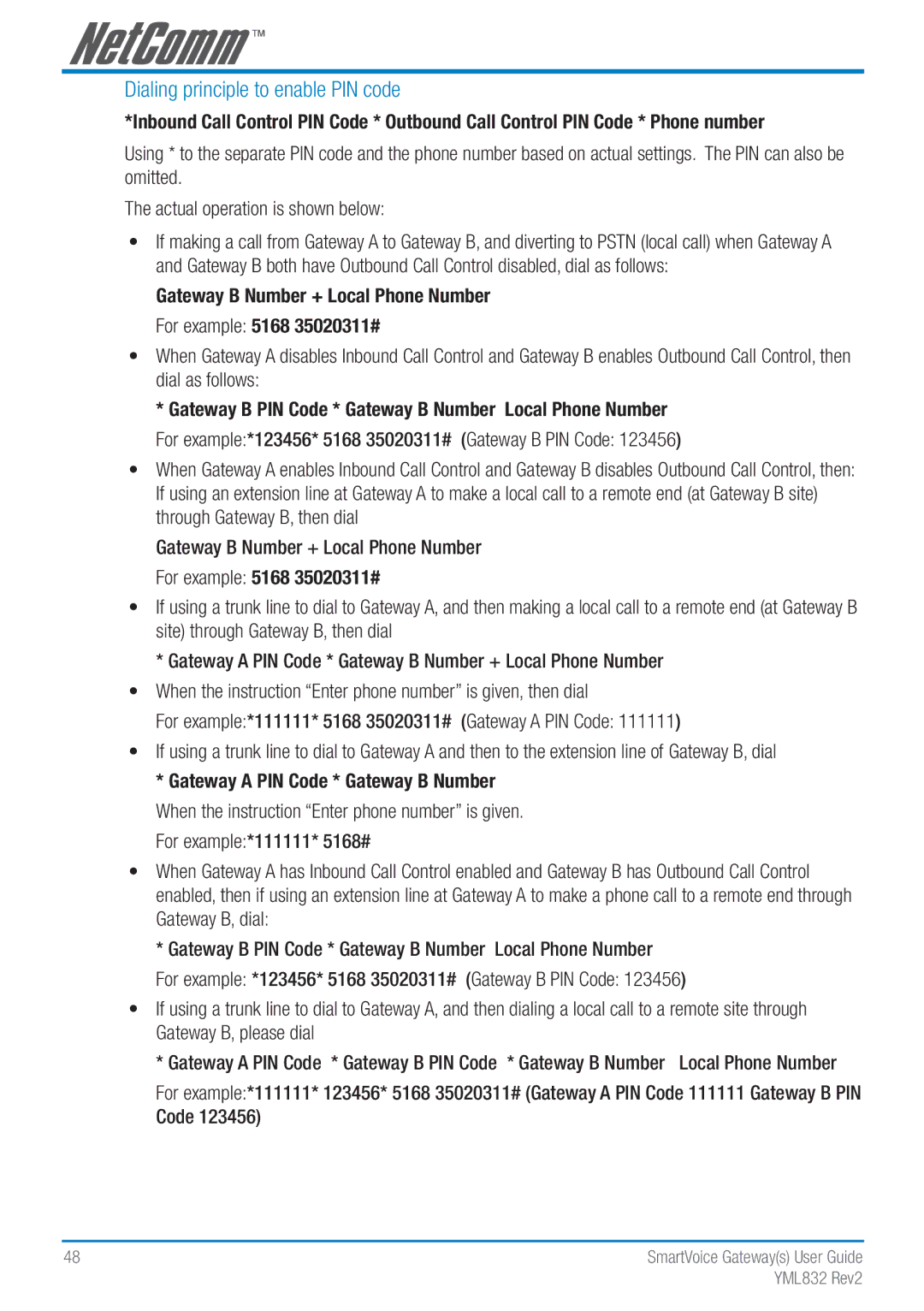 NetComm Gateway Series manual Dialing principle to enable PIN code, Gateway a PIN Code * Gateway B Number 